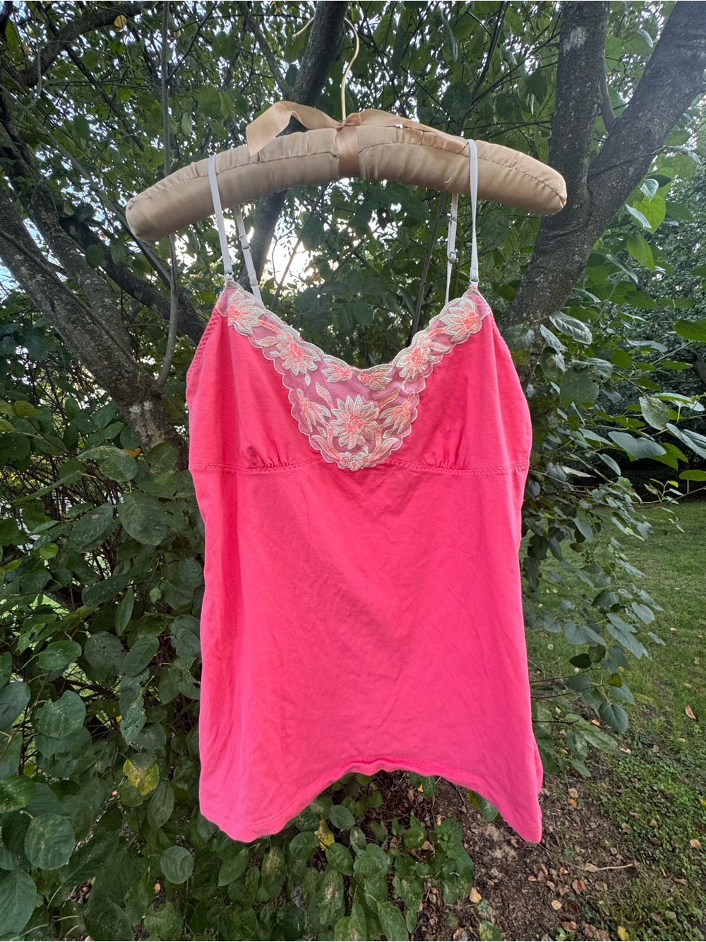 American Eagle Outfitters Hot Pink Camisole with Floral Lace Yoke